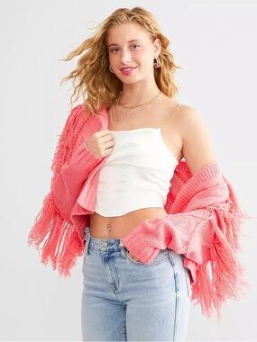 Baevely Strawberry Pink Fringe Open-Front Women's Sweater Cardigan SZ M